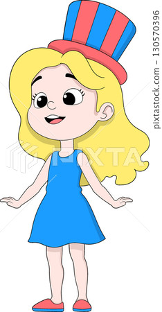 Cartoon Girl in Patriotic Hat and Blue Dress Illustration Cartoon Girl in Patriotic Hat and Blue Dress Illustration 130570396