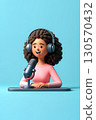3d stylized cartoon woman podcast host with headphones and microphone, smiling and speaking into mic, content creator 130570432