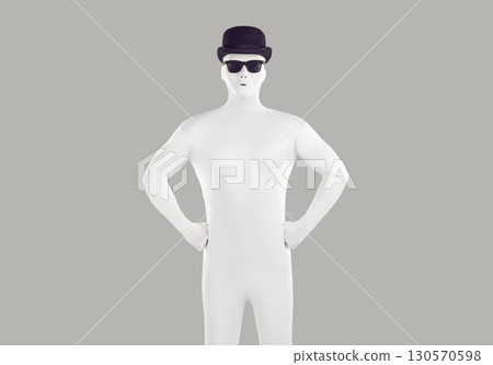 Portrait of faceless unrecognizable person wearing black hat and glasses in white spandex costume Portrait of faceless unrecognizable person wearing black hat and glasses in white spandex costume 130570598