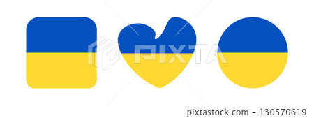 Ukraine flag. National Ukrainian symbol. Square, heart, round shape. Blue and yellow vector illustration.  130570619