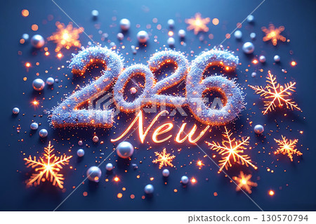 New Year 2026 celebration card with glowing silver numbers, golden snowflakes, winter party concept 130570794