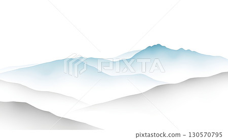 Minimalist soft watercolor mountain landscape with gentle blue and gray tones, foggy hills and peaks 130570795