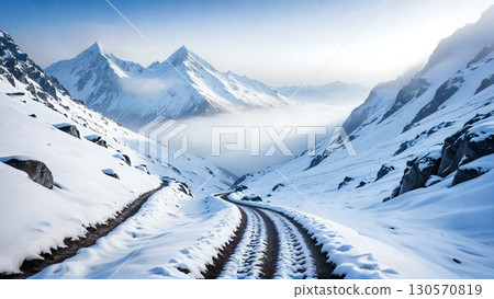 Snow-covered mountain road, hazy mountain range and blue sky in the distance 130570819