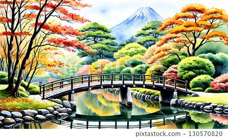 Autumn leaves and Mt. Fuji reflected on the water surface, Japanese autumn scenery 130570820