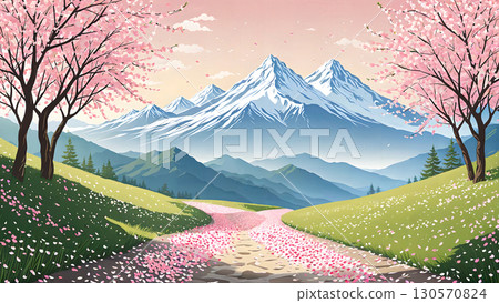 Spring in full bloom, watercolor landscape of a mountain path with cherry blossoms in bloom 130570824