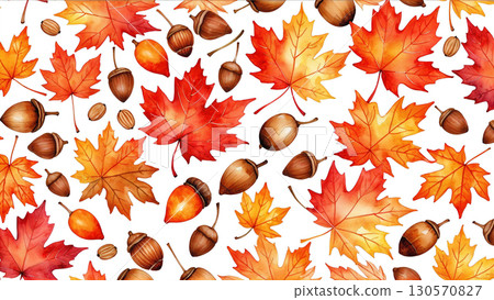 Autumn colors, watercolor pattern of autumn leaves and acorns 130570827