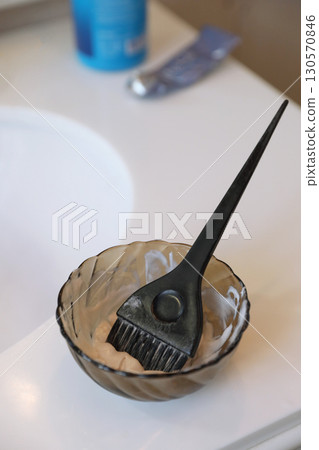 Hair Dye Bowl and Brush on Bathroom Counter Hair Dye Bowl and Brush on Bathroom Counter 130570846
