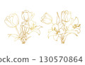 Golden lilly and tulip flowers line art isolated on white background. Luxury tulip lilly floral design elements for invitation, wedding, wallpaper, print template, vector illustration 130570864