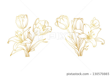 Golden lilly and tulip flowers line art isolated on white background. Luxury tulip lilly floral design elements for invitation, wedding, wallpaper, print template, vector illustration 130570865