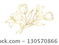 Golden lilly and tulip flowers line art isolated on white background. Luxury tulip lilly floral design elements for invitation, wedding, wallpaper, print template, vector illustration 130570866