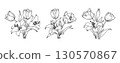 Lilly and Tulip flower arrangement line art on white background. Silhouette botanical hand drawn element for wedding, invitation frame design, vector illustration 130570867