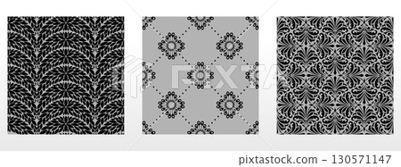 Geometric floral set of seamless patterns. Gray and black vector backgrounds. Damask graphic ornaments Geometric floral set of seamless patterns. Gray and black vector backgrounds. Damask graphic ornaments 130571147