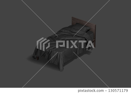 Blank wooden single bed with black bedding mockup, dark background 130571179