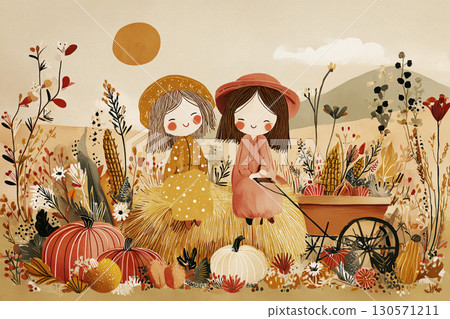 Two cheerful kids sit on hay bales laughing together while surrounded by colorful pumpkins and squash during a beautiful autumn day in a countryside landscape Two cheerful kids sit on hay bales laughing together while surrounded by colorful pumpkins and squash during a beautiful autumn day in a countryside landscape 130571211