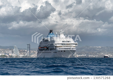 Cruise ship sailing near Limassol, Cyprus, under cloudy sky 130571268