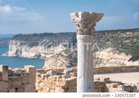 Ancient greek column overlooking Mediterranean sea at Kourion, Limassol District, Cyprus Ancient greek column overlooking Mediterranean sea at Kourion, Limassol District, Cyprus 130571287