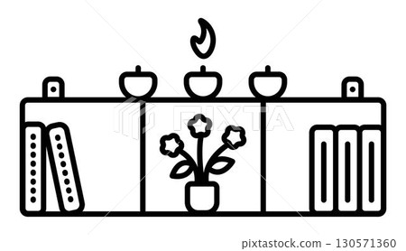Wall shelf for small items - books, flowers, candles. Vector black line illustration, outline monochrome sign 130571360