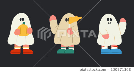 Vector illustration of cartoon Halloween ghost. Cartoon ghost illustration set. Halloween festive design. 130571368