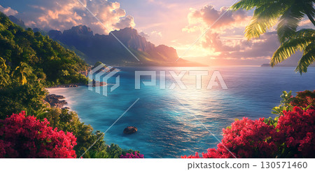 Stunning Tropical Sunset Paradise Beach Scene 130571460