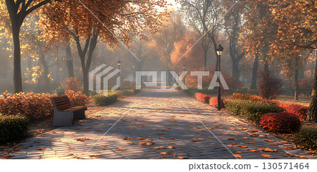 Autumn Pathway Sunlit Fall Foliage Scene Autumn Pathway Sunlit Fall Foliage Scene 130571464