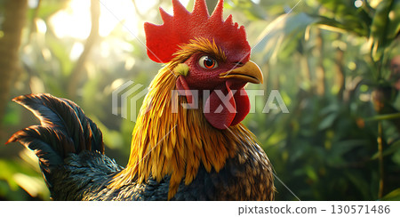 Majestic Rooster in Lush Jungle Setting A Vibrant Photograph 130571486