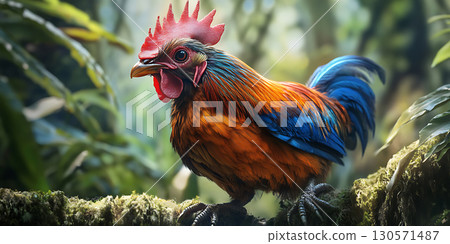 Vibrant Rooster in Lush Jungle Setting A Stunning Wildlife Photograph 130571487