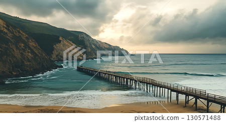 Dramatic Coastal Scene Ocean Waves Crashing Against a Wooden Pier 130571488