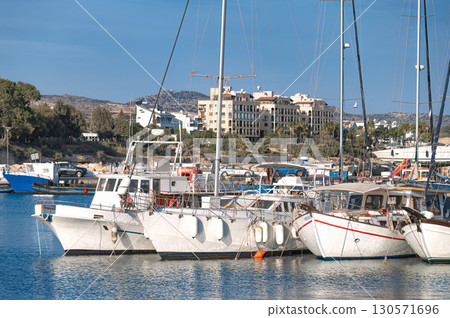 White boats mooring in Zygi Marina, Larnaca District, Cyprus 130571696