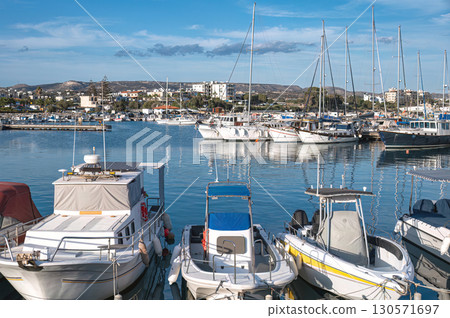 Boats mooring in Zygi Marina, Cyprus, on a sunny day Boats mooring in Zygi Marina, Cyprus, on a sunny day 130571697