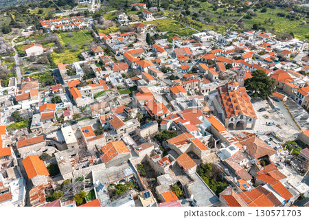 Aerial view of Pano Lefkara village in Cyprus showing traditional architecture and church 130571703