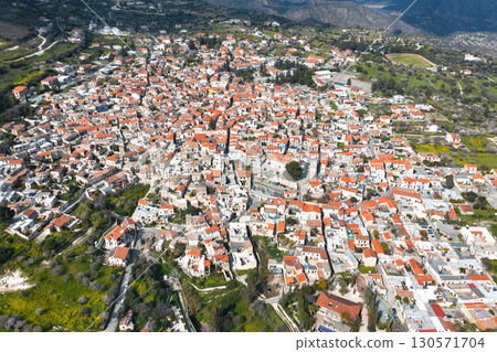 Aerial view of Pano Lefkara showing traditional architecture and surrounding landscape in Cyprus 130571704