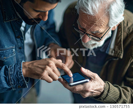 一名年輕人教導一名老人如何使用智慧型手機 一名年輕人教導一名老人如何使用智慧型手機 130571755