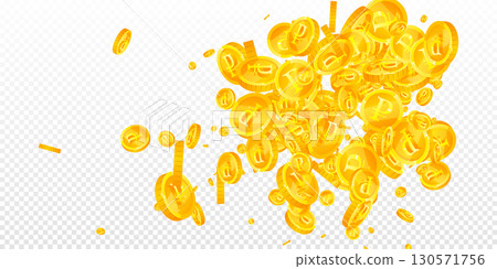 Russian ruble coins falling. Scattered gold RUB coins. Russia money. Great business success concept. Wide vector illustration. 130571756