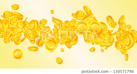 European Union Euro coins falling. Scattered gold EUR coins. Europe money. Global financial crisis concept. Wide vector illustration. European Union Euro coins falling. Scattered gold EUR coins. Europe money. Global financial crisis concept. Wide vector illustration. 130571798
