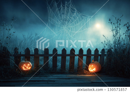Fog envelops a wooden fence adorned with a large cobweb, while carved pumpkins glow softly nearby, creating an eerie atmosphere perfect for Halloween festivities in autumn 130571857