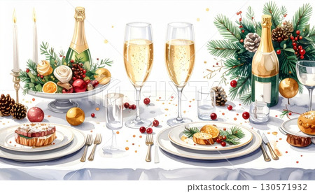 Festive Christmas Table Setting with Golden Champagne and Berry Decoration 130571932