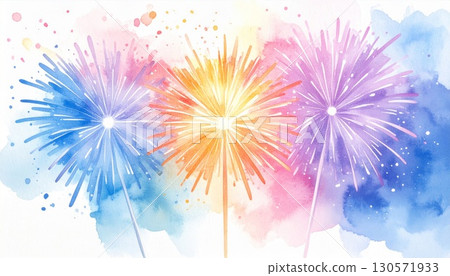 Vibrant Fireworks Watercolor Illustration with Blue Purple and Yellow Hues 130571933