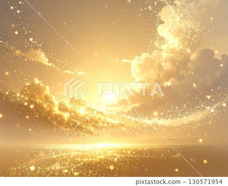 Golden Sky Scape with Sun Clouds Glittering Particles and Water Reflection 130571954