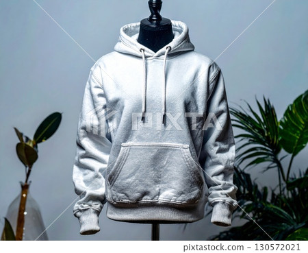 Heather Gray Hoodie Displayed on Mannequin with Green Plants in Soft Studio Lighting 130572021