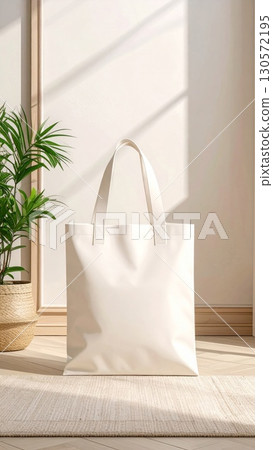 Beige Tote Bag on Rug Against White Wall with Potted Plant Beige Tote Bag on Rug Against White Wall with Potted Plant 130572195