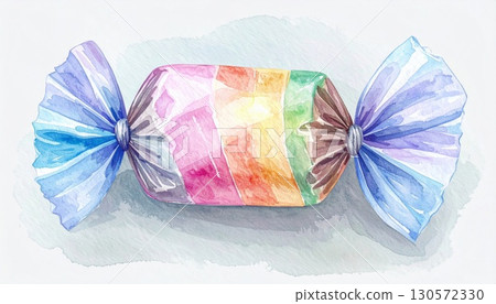 Watercolor Painting of a Wrapped Candy with Rainbow Stripes and Blue Ends 130572330