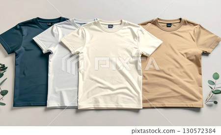 Four T Shirts in Dark Blue White Beige and Tan Colors Arranged on Gray Surface With Eucalyptus 130572384