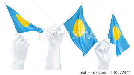 Hand holding flag of Palau. Isolated 3d Rendering Hand holding flag of Palau. Isolated 3d Rendering 130572445