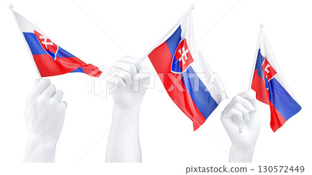 Hand holding flag of Slovakia. Isolated 3d Rendering Hand holding flag of Slovakia. Isolated 3d Rendering 130572449