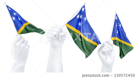 Hand holding flag of Solomon Islands. Isolated 3d Rendering Hand holding flag of Solomon Islands. Isolated 3d Rendering 130572450