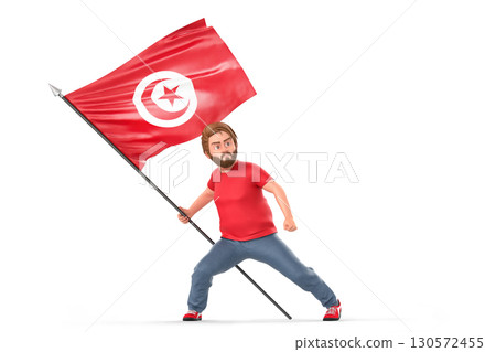 Tunisian flag waving, cartoon man showcasing patriotic spirit and cultural pride. 3D Rendering 130572455