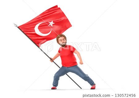 3d illustration of a cartoon man proudly holding a large Turkish flag, showing patriotism and national pride. 3D Rendering 130572456