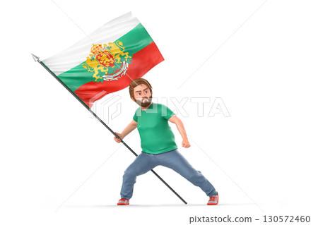 3d illustration of cartoon man firmly holding and waving Bulgarian flag with coat of arms, showing patriotism and national pride. 3D Rendering 130572460