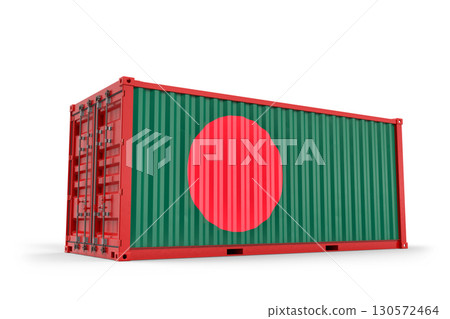 Metal freight container bearing Bangladeshi flag, painted green and red, waiting near cargo vessel. 3D rendering Metal freight container bearing Bangladeshi flag, painted green and red, waiting near cargo vessel. 3D rendering 130572464