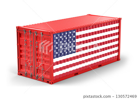 Red cargo container displaying United States flag symbolizing import, export, and global logistics of US. 3D rendering 130572469